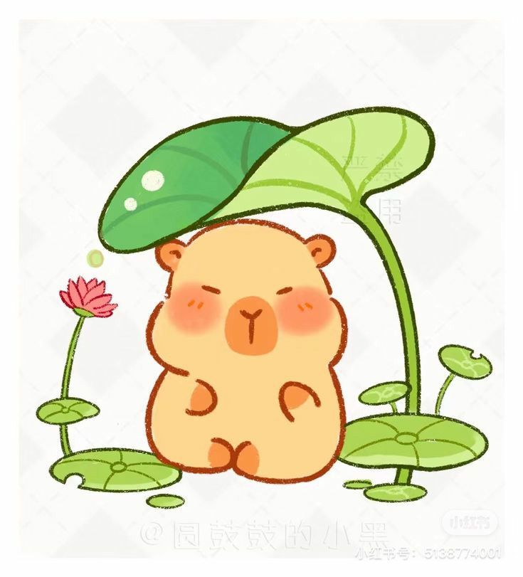 Capybara chibi - ngồi dưới lá cây