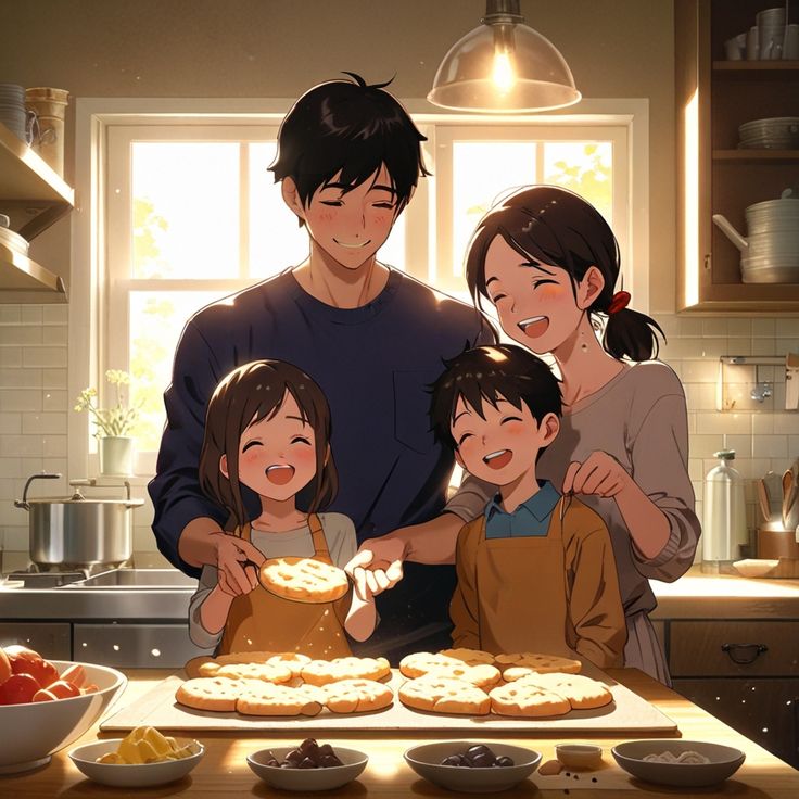 Hình ảnh chibi gia đình 4 người hạnh phúc - đón năm mới