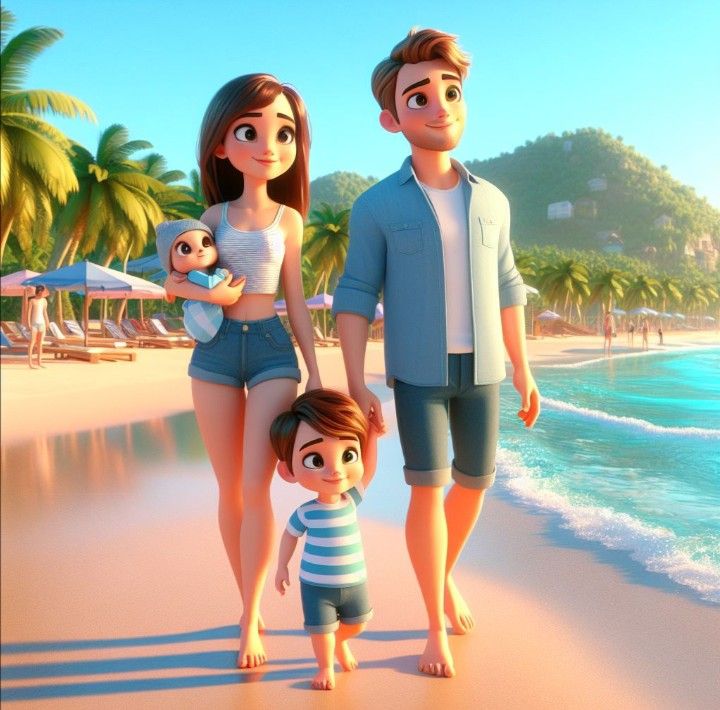 Hình ảnh chibi gia đình 4 người hạnh phúc - dạo biển 