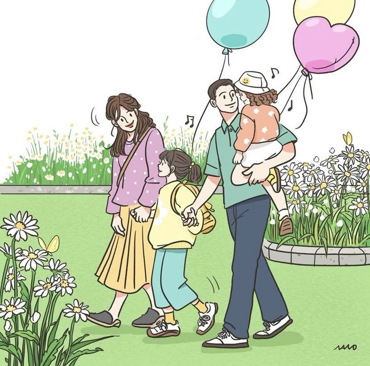 Hình ảnh chibi gia đình 4 người hạnh phúc - đi khu vui chơi