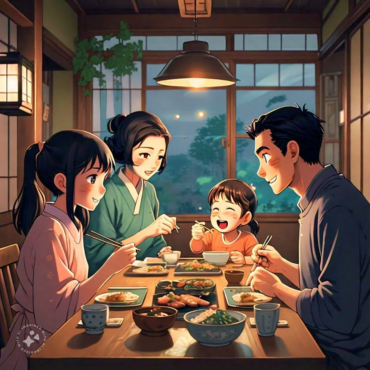 Hình ảnh chibi gia đình 4 người hạnh phúc - ăn tối