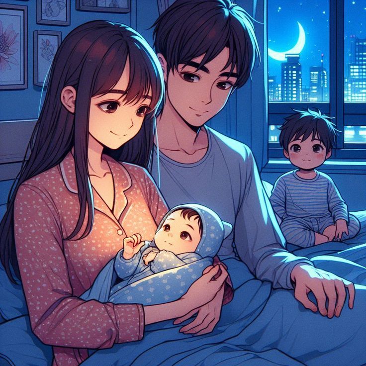 Hình ảnh chibi gia đình 4 người hạnh phúc - buổi đêm