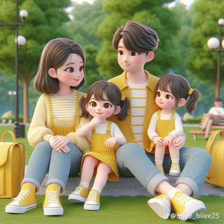 Hình ảnh chibi gia đình 4 người hạnh phúc - cắm trại
