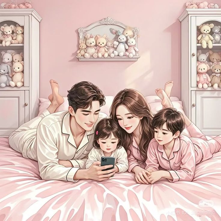 Hình ảnh chibi gia đình 4 người hạnh phúc - căn phòng màu hồng