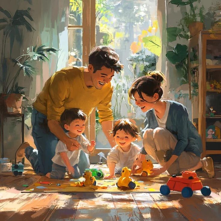 Hình ảnh chibi gia đình 4 người hạnh phúc - chơi cùng nhau
