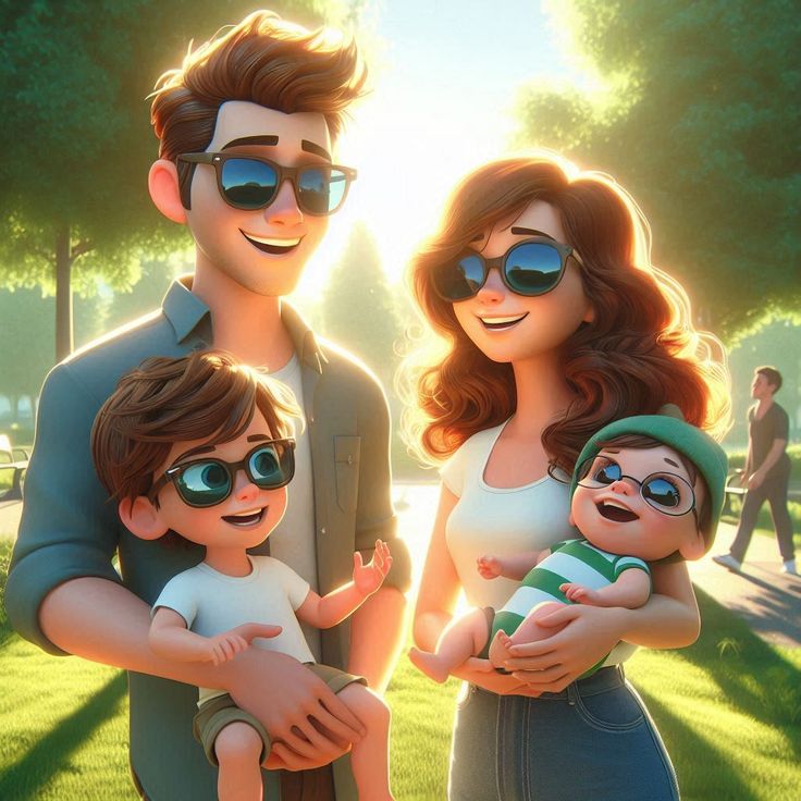 Hình ảnh chibi gia đình 4 người hạnh phúc - công viên