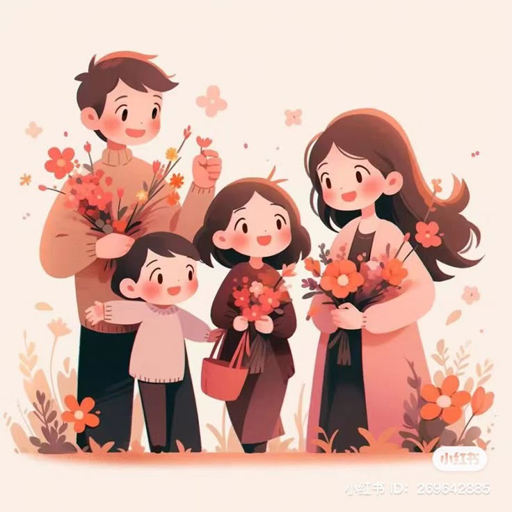 Hình ảnh chibi gia đình 4 người hạnh phúc - đi hái hoa