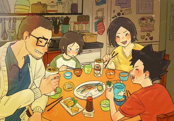 Hình ảnh chibi gia đình 4 người hạnh phúc - cười đùa