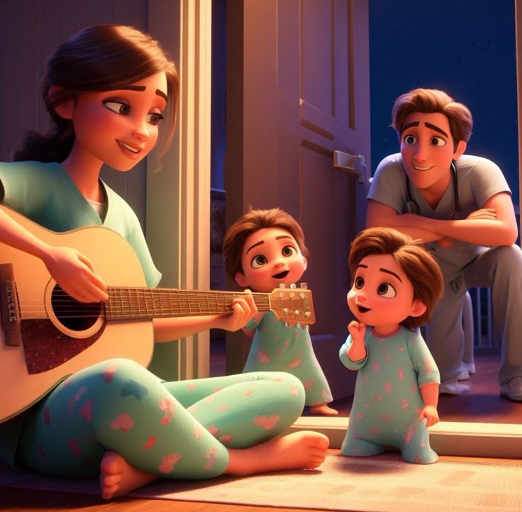 Hình ảnh chibi gia đình 4 người hạnh phúc - đánh đàn