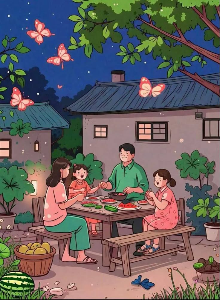 Hình ảnh chibi gia đình 4 người - đêm mùa hè 