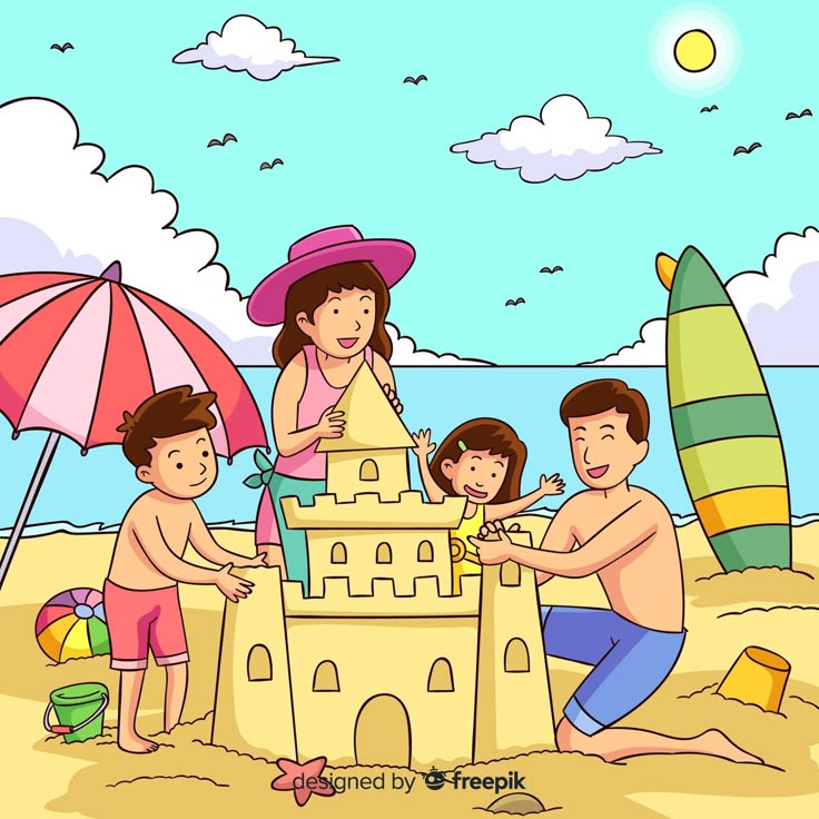 Hình ảnh chibi gia đình 4 người hạnh phúc - đi biển