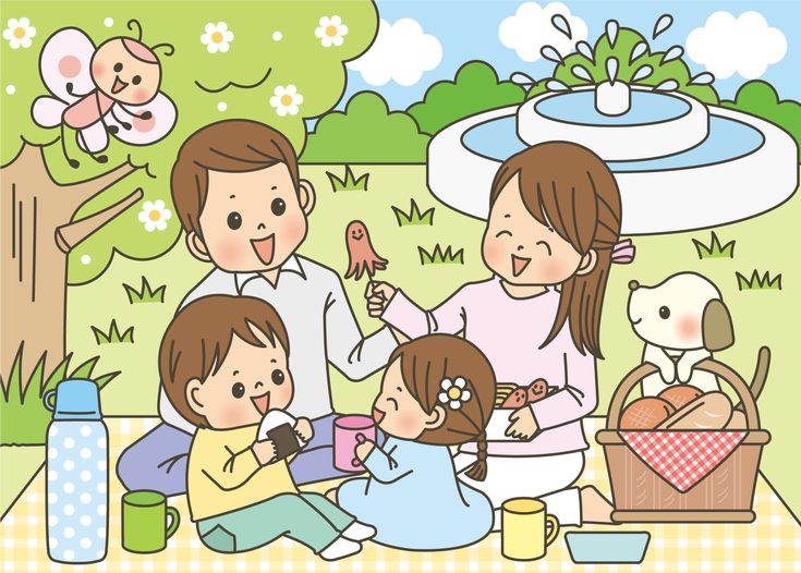 Hình ảnh chibi gia đình 4 người hạnh phúc - đi cắm trại