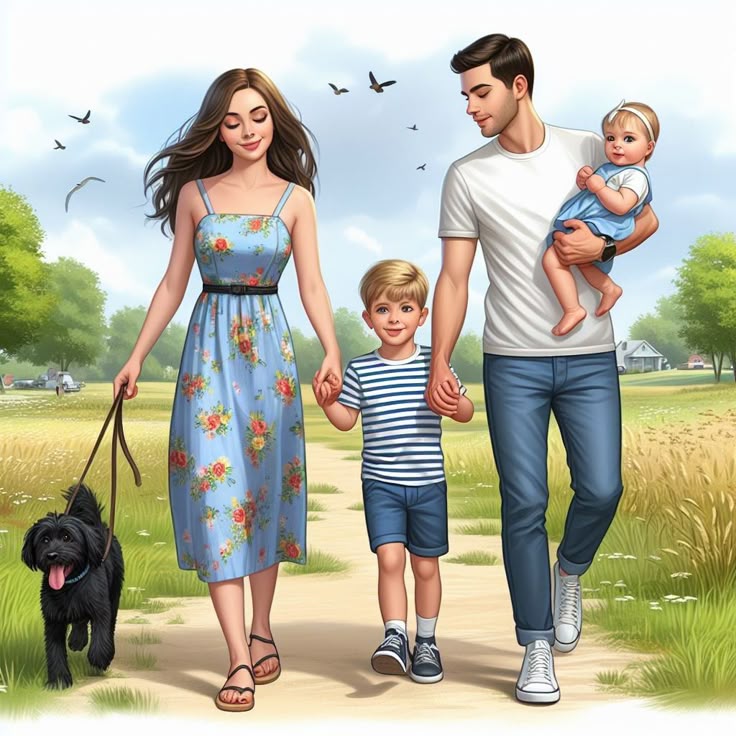 Hình ảnh chibi gia đình 4 người hạnh phúc - đi dạo