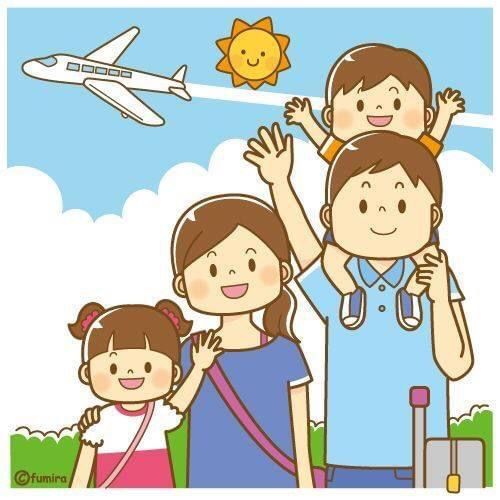 Hình ảnh chibi gia đình 4 người hạnh phúc - đi máy bay