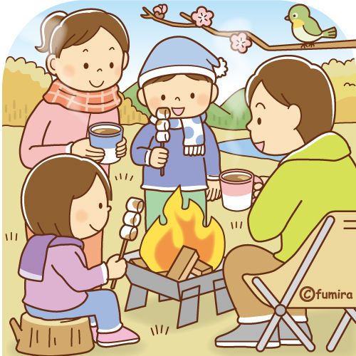 Hình ảnh chibi gia đình 4 người hạnh phúc - đốt lửa trại