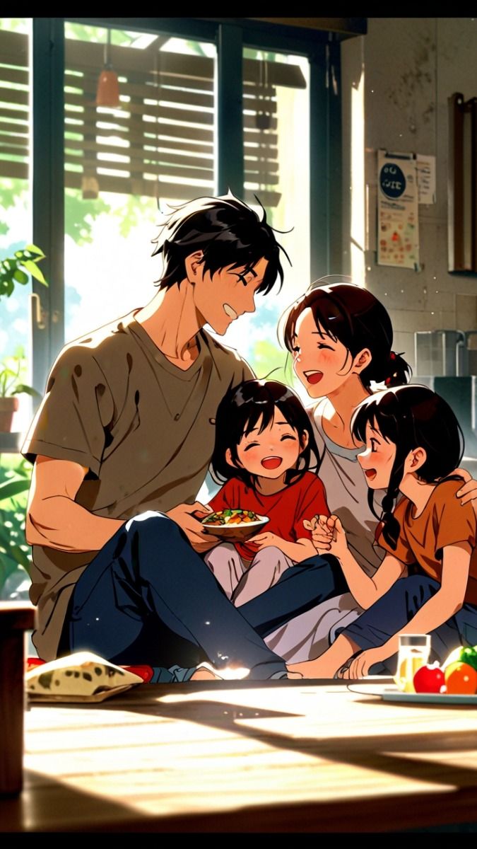 Hình ảnh chibi gia đình 4 người hạnh phúc - đùa giỡn