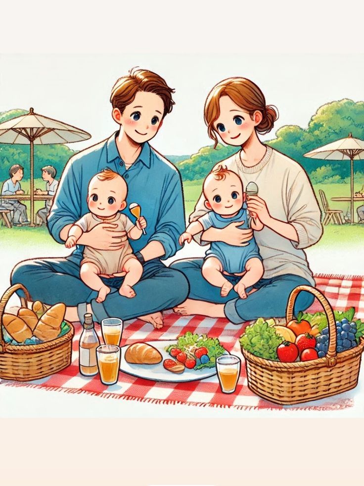 Hình ảnh chibi gia đình 4 người hạnh phúc - Hai em bé sinh đôi