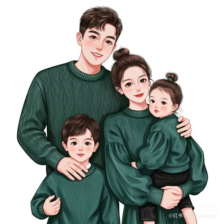 Hình ảnh chibi gia đình 4 người hạnh phúc - mặc đồ màu xanh