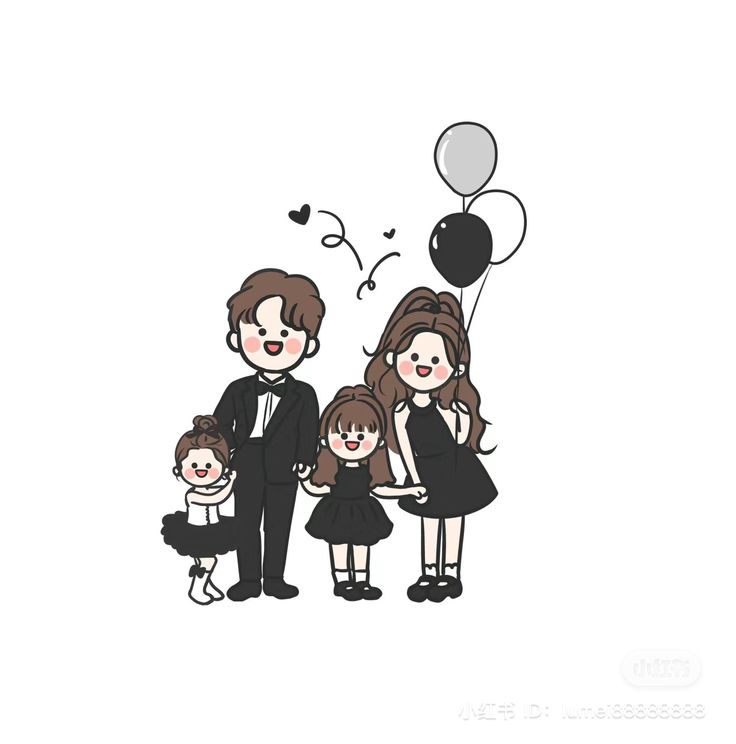 Hình ảnh chibi gia đình 4 người hạnh phúc - mặc tone đen
