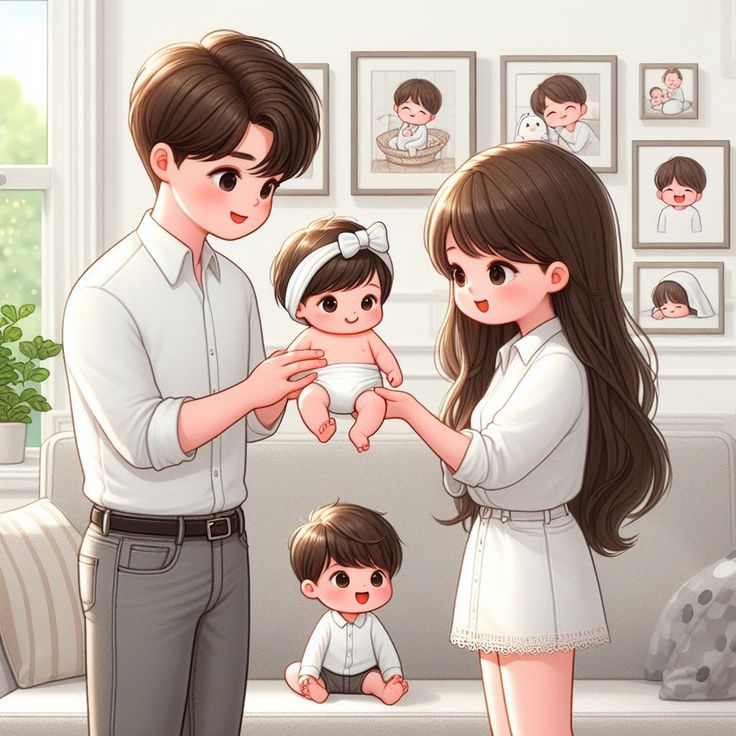 Hình ảnh chibi gia đình 4 người hạnh phúc - mặc tone trắng