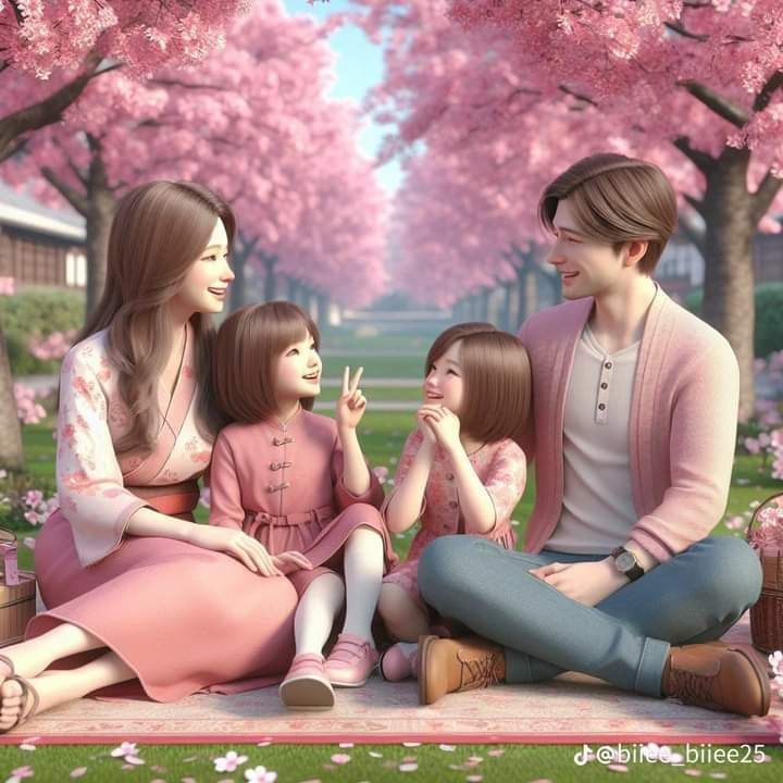 Hình ảnh chibi gia đình 4 người hạnh phúc - mùa xuân