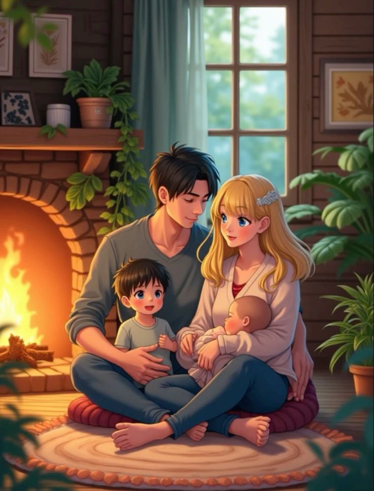 Hình ảnh chibi gia đình 4 người hạnh phúc - sưởi ấm