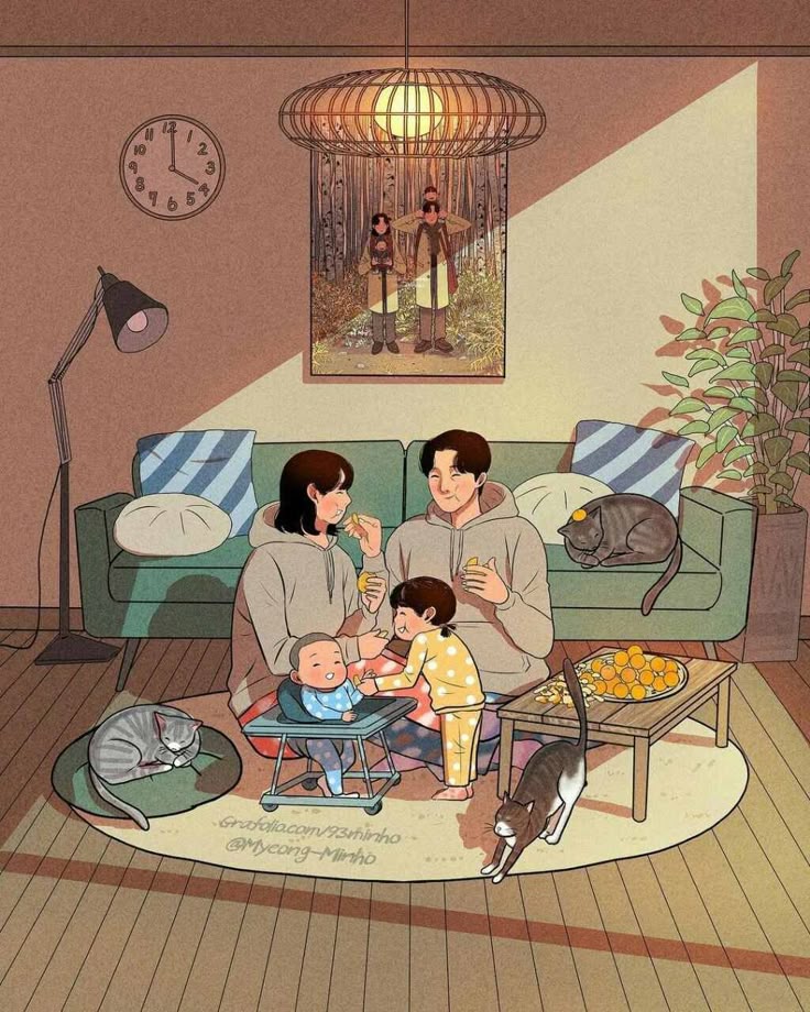 Hình ảnh chibi gia đình 4 người hạnh phúc - thư giãn cuối tuần