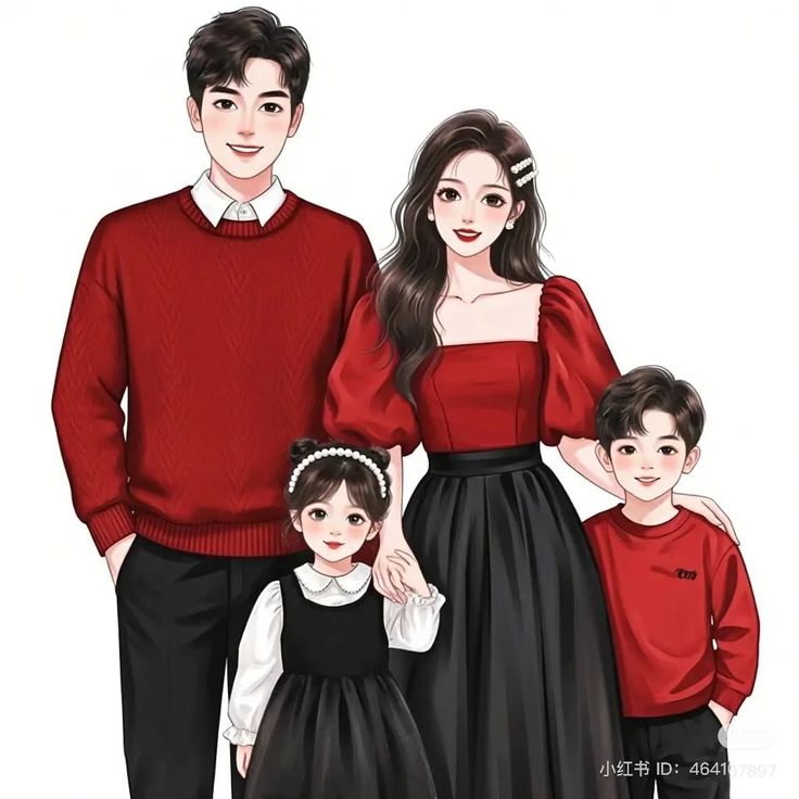 Hình ảnh chibi gia đình 4 người hạnh phúc - trang phục đi tiệc 