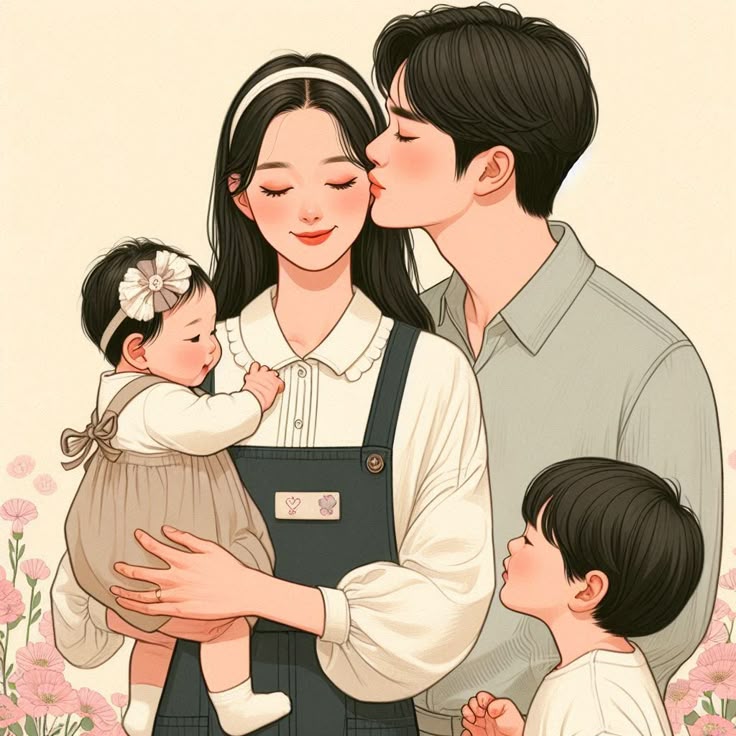 Hình ảnh chibi gia đình 4 người hạnh phúc - yêu thương