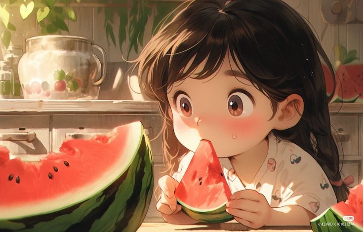 Hình ảnh chibi nữ cute - ăn dưa hấu