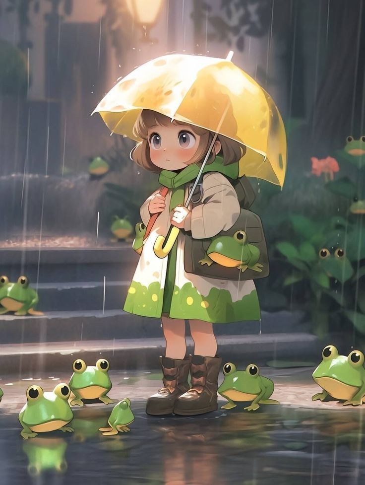 Hình ảnh chibi nữ cute - cô bé và ếch con
