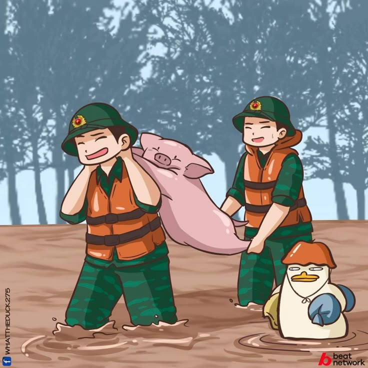 Hình ảnh chú bộ đội chibi - giải cứu bé heo