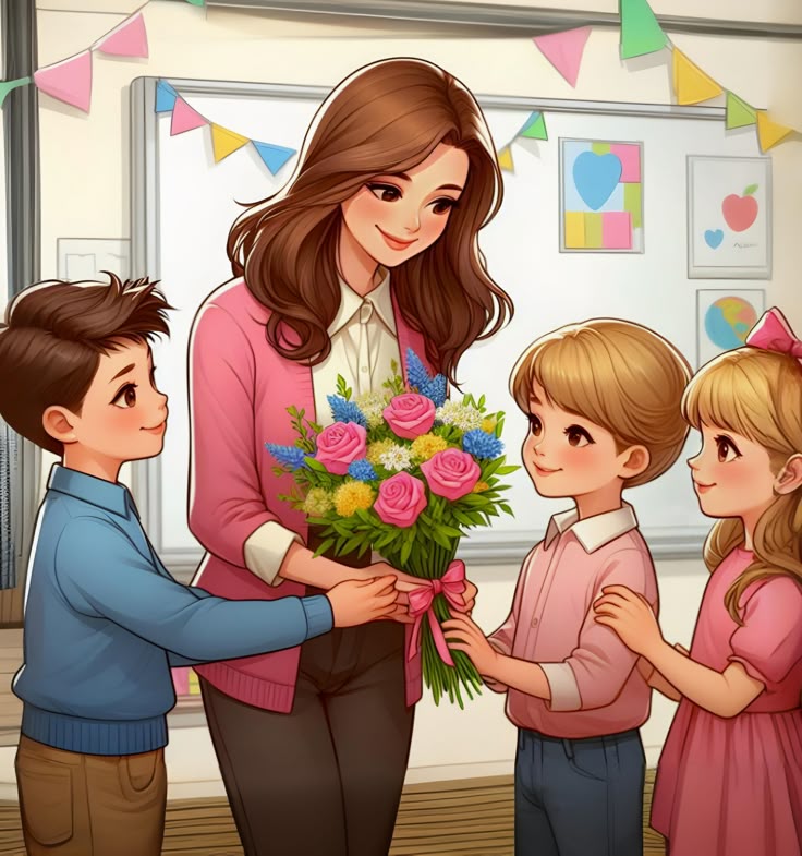 Hình ảnh cô giáo chibi cute - tặng hoa