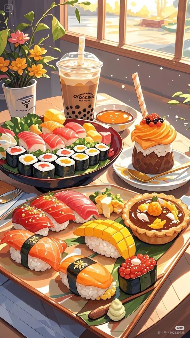 Hình ảnh đồ ăn chibi cute - bữa ăn sushi đầy màu sắc