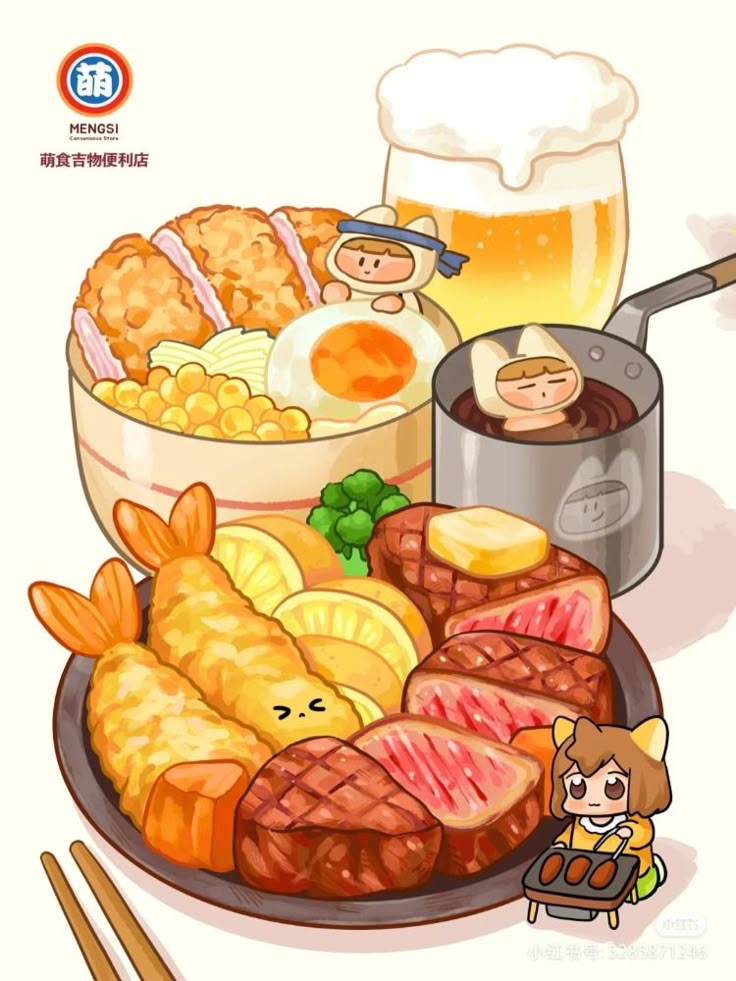 Hình ảnh đồ ăn chibi cute - thịt và tôm chiên