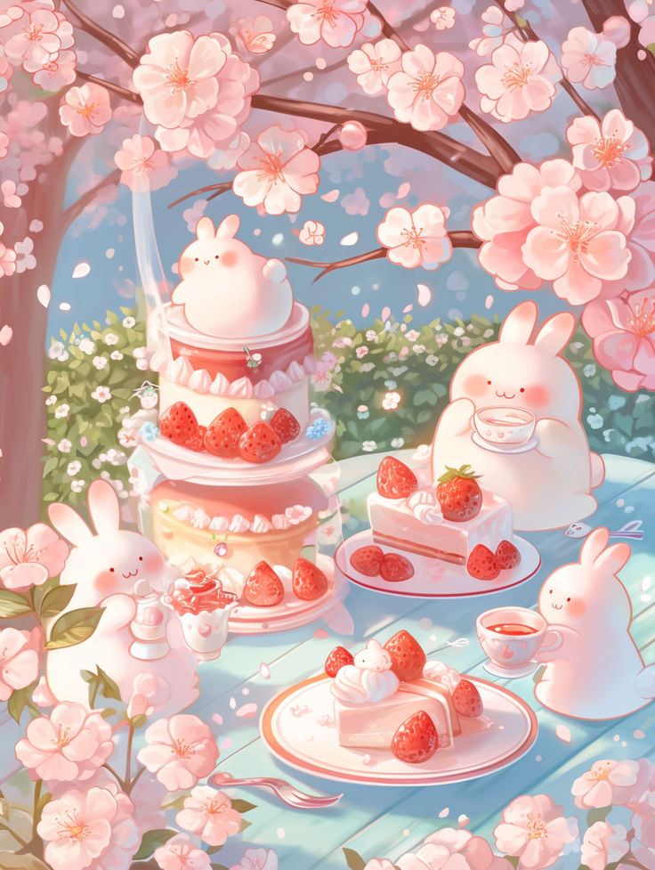 Hình ảnh thỏ chibi cute - Ăn bánh dâu tây