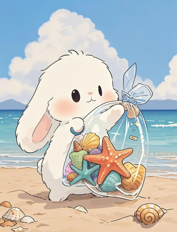 Hình ảnh thỏ chibi cute - bắt sao biển