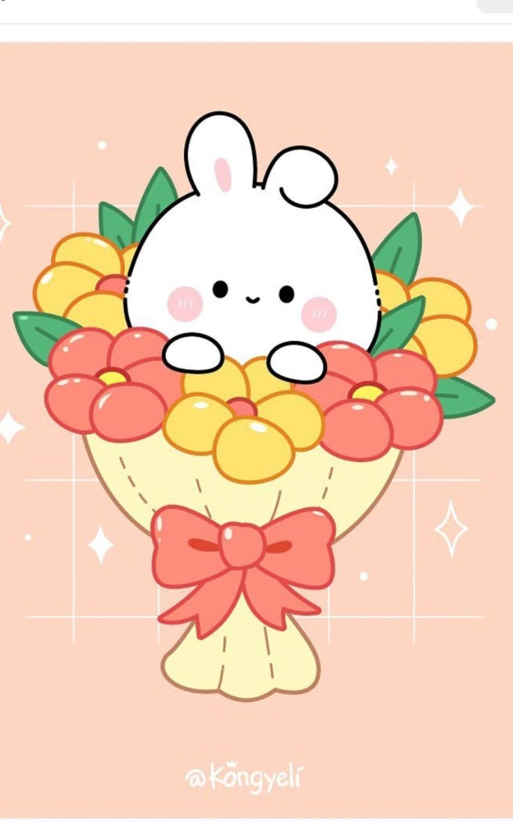 Hình ảnh thỏ chibi cute - bó hoa thỏ con