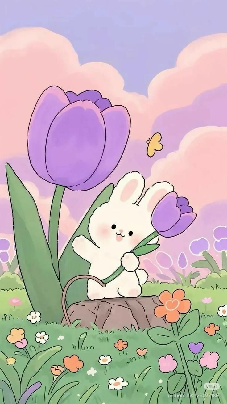 Hình ảnh thỏ chibi cute - hoa tím