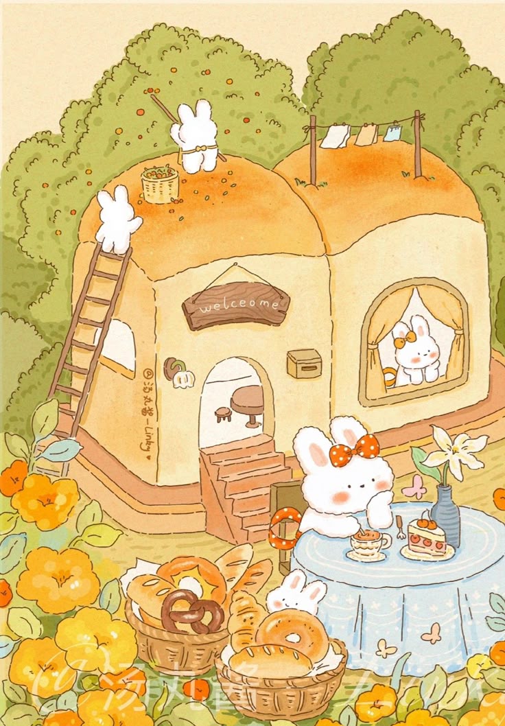 Hình ảnh thỏ chibi cute - ngôi nhà bánh mì