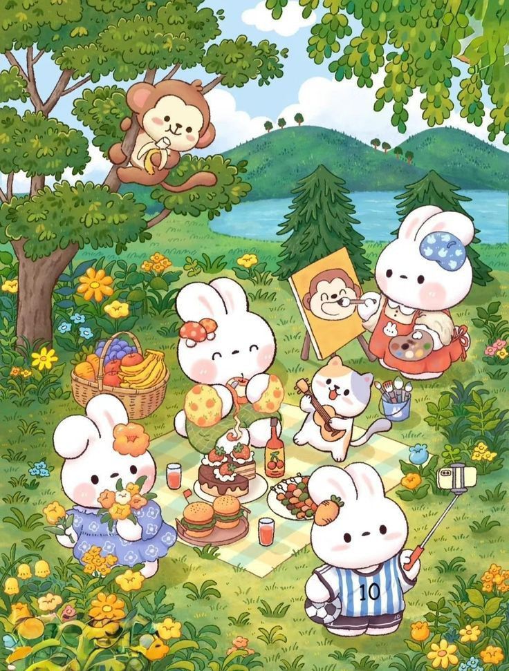 Hình ảnh thỏ chibi cute - nhóm bạn thỏ đi cắm trại