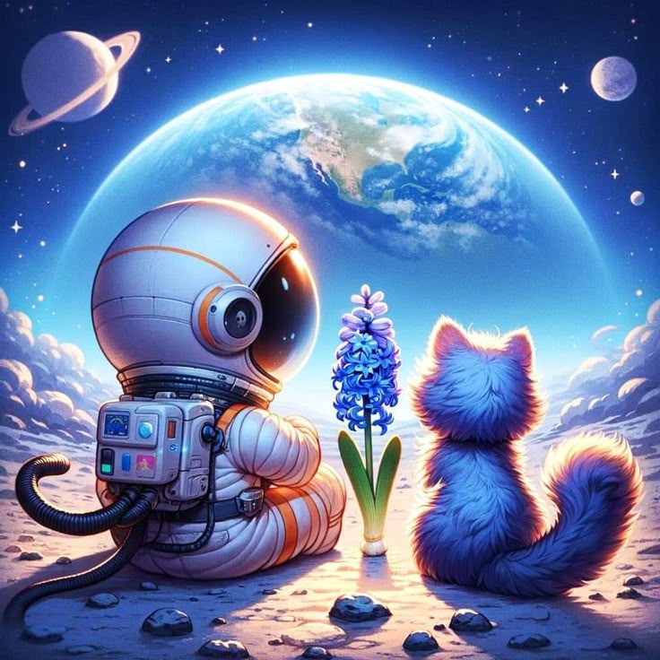 Hình ảnh vẽ phi hành gia chibi - cùng mèo con