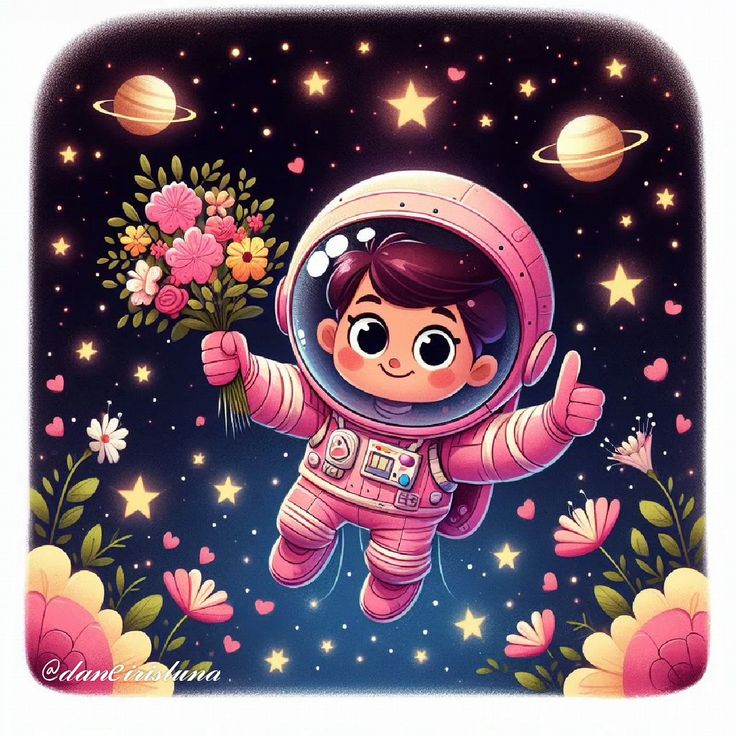 Hình ảnh vẽ phi hành gia chibi - hái hoa