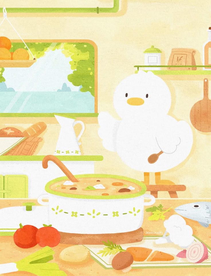Hình nền con vịt chibi - nấu ăn