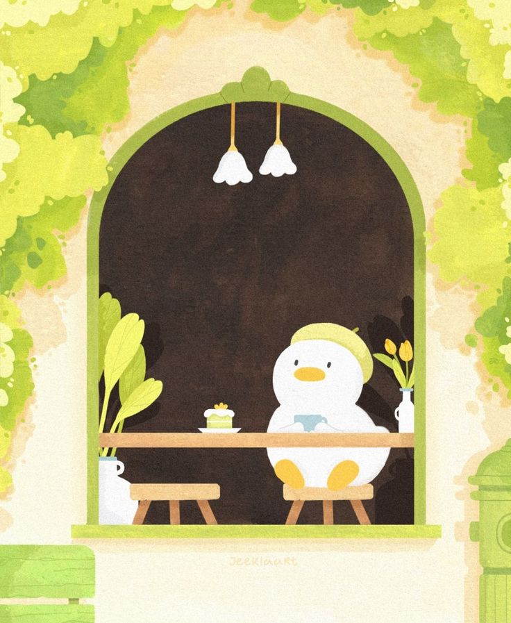 Hình nền con vịt chibi - uống cà phê