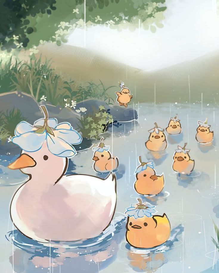 Hình nền con vịt chibi - mẹ và đàn vịt con