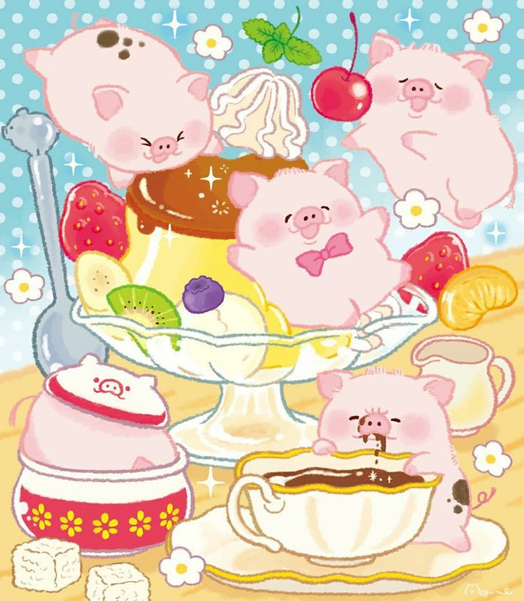 Hình nền heo chibi màu hồng - bữa tiệc tráng miệng