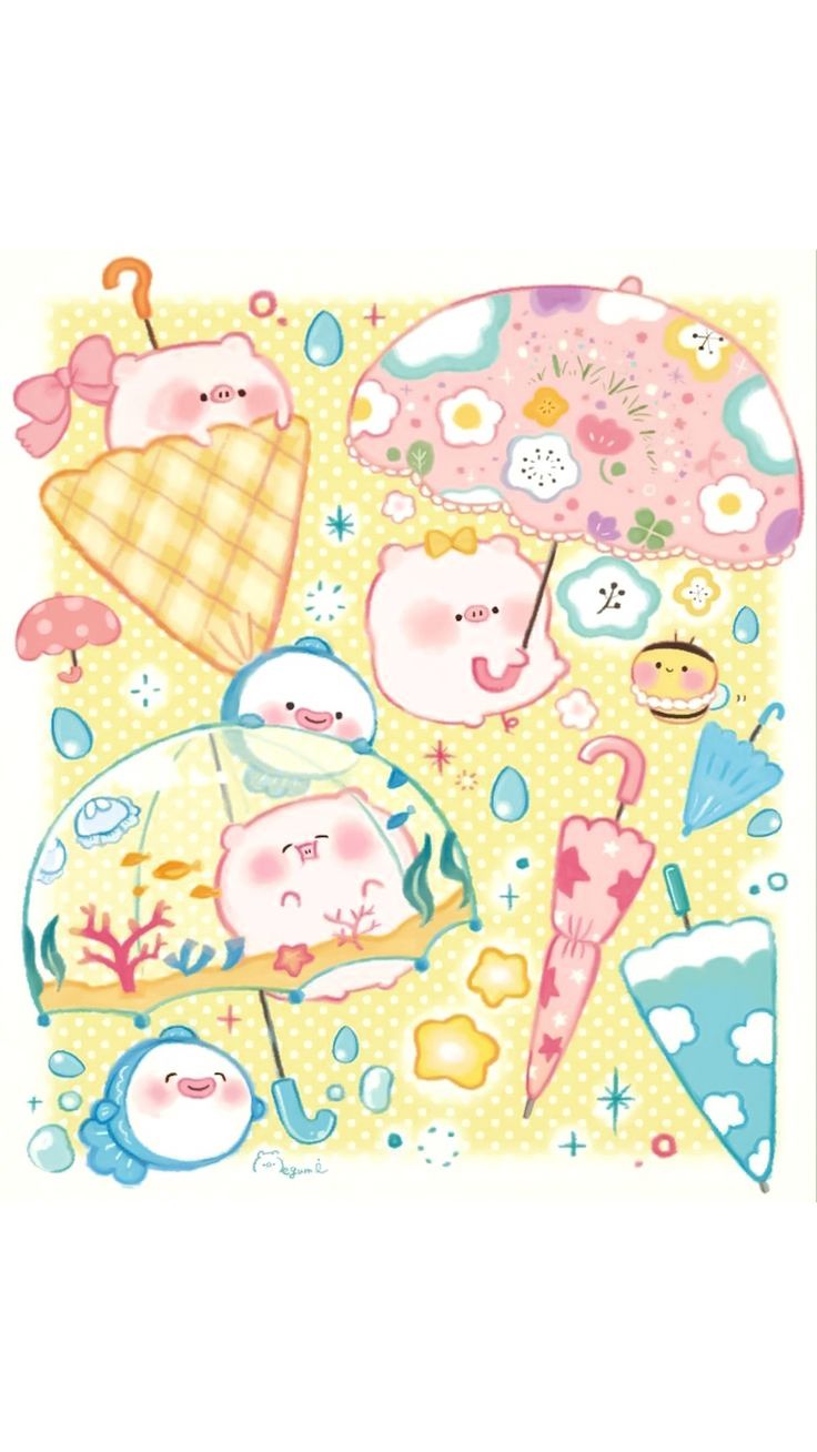Hình nền heo chibi màu hồng - chiếc dù nhiều màu