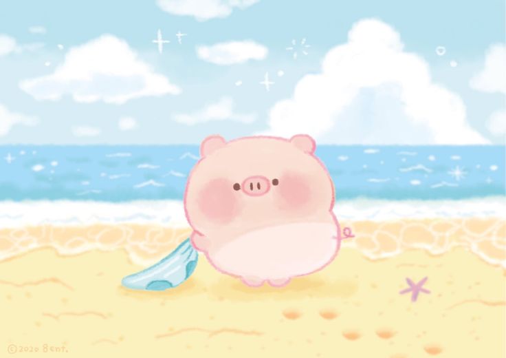 Hình nền heo chibi màu hồng - đi biển