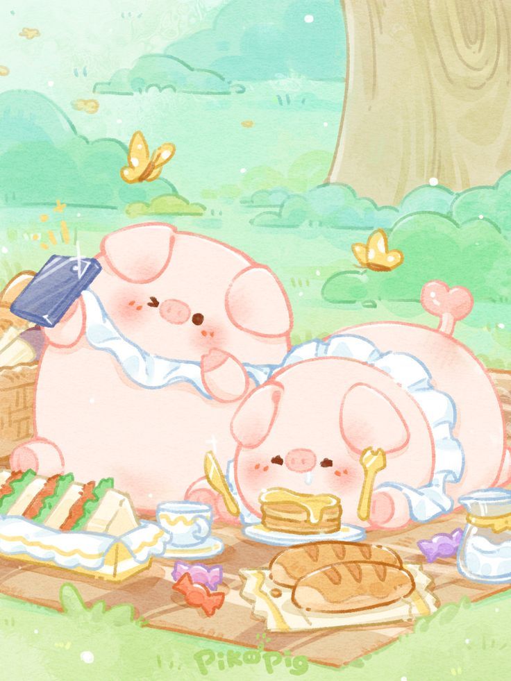 Hình nền heo chibi màu hồng - đi cắm trại
